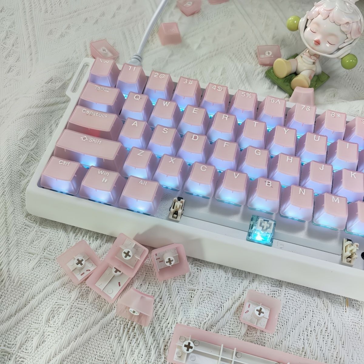 Keycaps Translucent Pudding Rgb - คีย์แคปสีชมพูหยกโปร่งแสง โปรไฟล์ OEM ไฟ RGB คีย์แคปแบบ